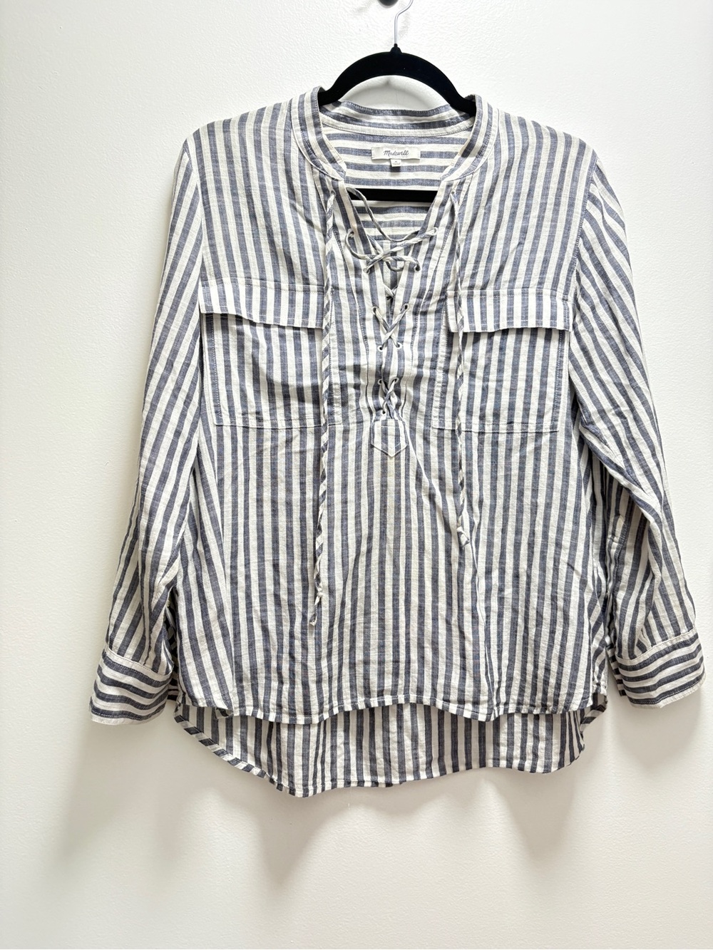 Madewell Grey & White Striped Lace-Up Pocket Tunic | M | minimalist Quiet luxury